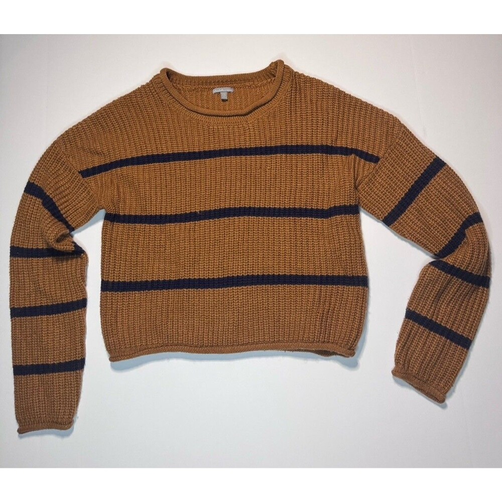 Charlotte Russe Striped Chunky Knit Cropped Sweater Womens XS Caramel Brown Navy